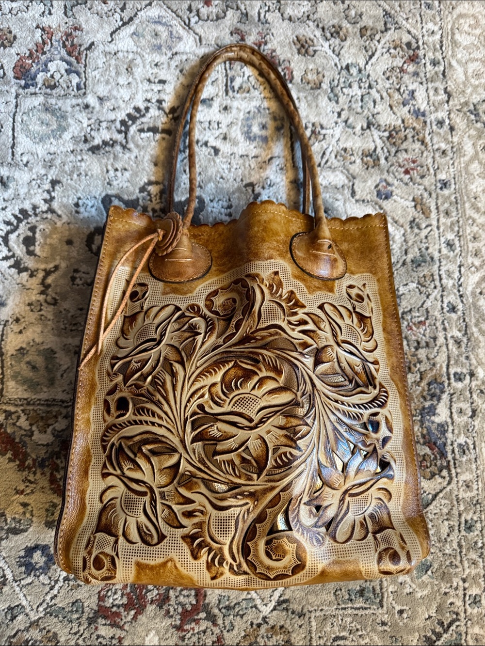 Patricia Nash Tooled Floral Leather Tote — Tan
